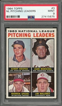 1964 Topps #3 "1963 N.L. Pitching Leaders" (Koufax/Marichal/Spahn/Maloney) – PSA MINT 9